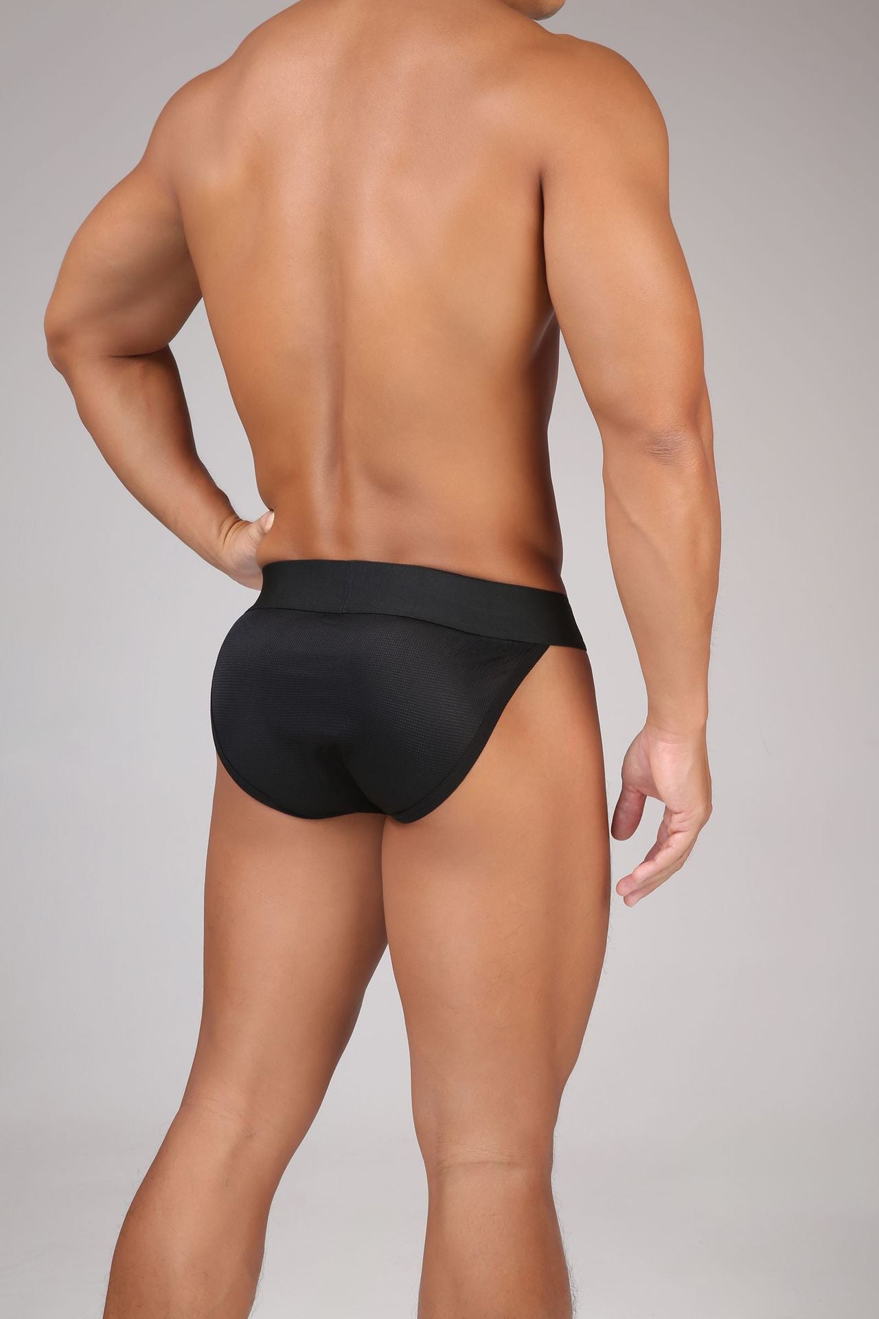 Black Men's Breathable Mesh Briefs, High-Cut with Independent Pouch & Metal Buckle