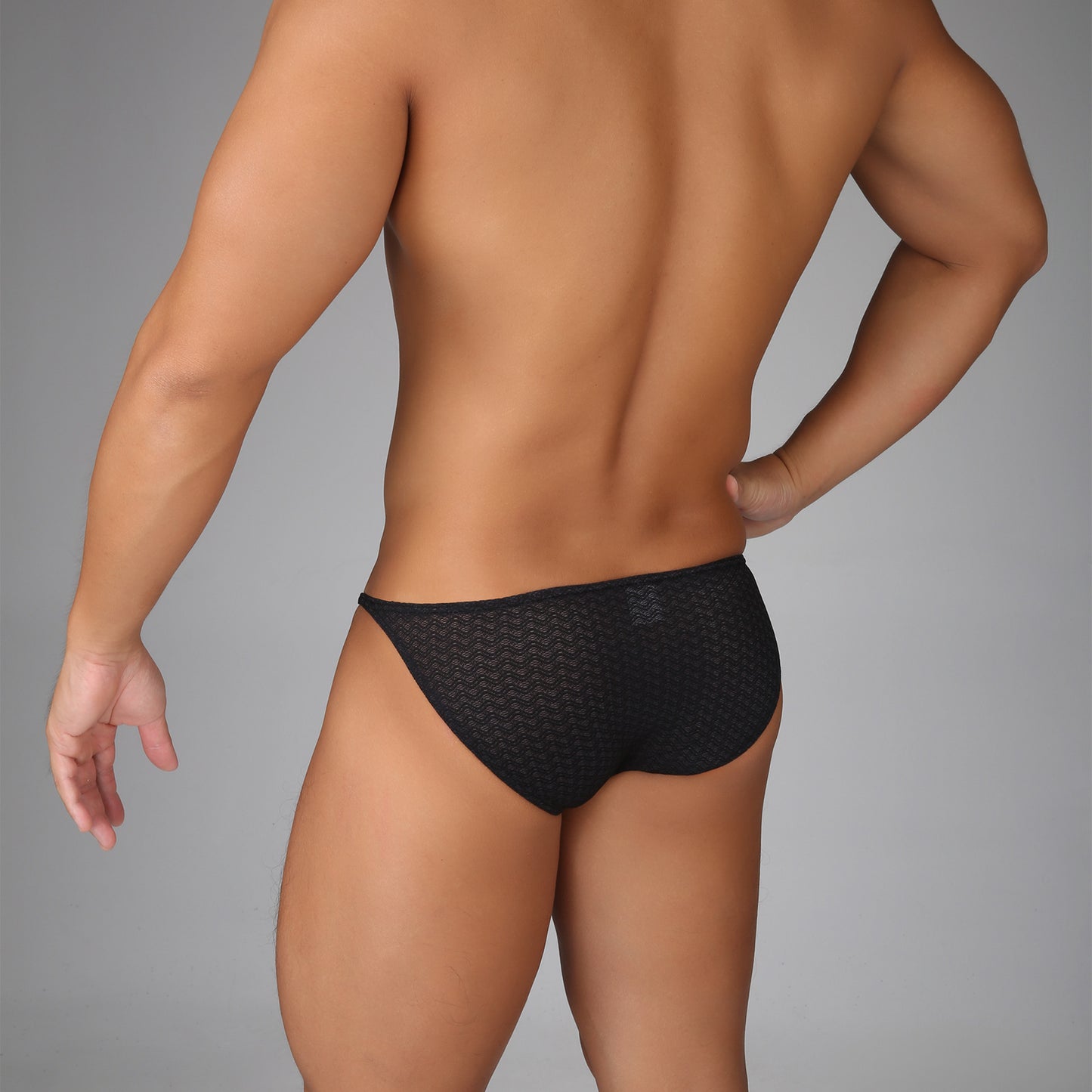 Black Men's Lace High-Cut Briefs, Breathable Watermark Pattern Underwear