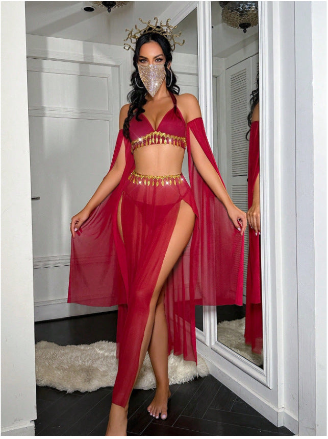 Red Women's Red Belly Dancer Cosplay Lingerie Set, Halter Bra & Sheer Maxi Skirt