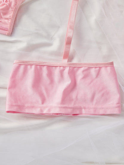 Pink 3-Piece Lace Lingerie Set - Sheer Mesh Bodysuit with Garter Belt