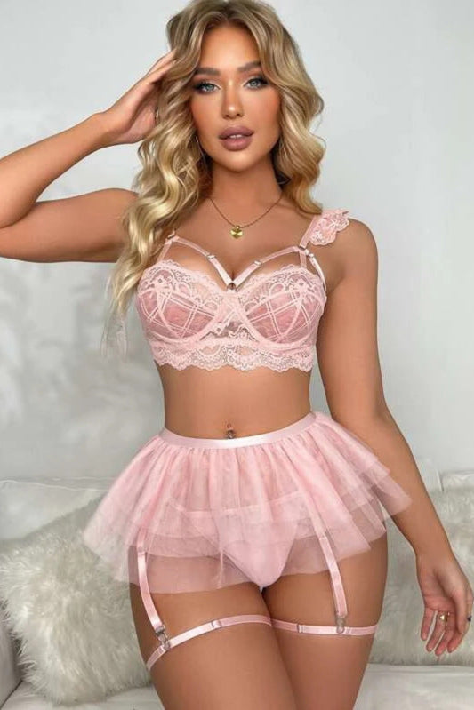 Pink Cute Girl Style Lace Ruffle Skirt Lingerie Set | 2-Piece Bodysuit & Skirt Set