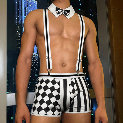 Black Men's Butler Roleplay Lingerie Set, Checkered Suspender Shorts with Bow Tie Collar