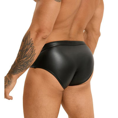 Black Men's Faux Leather G-String Thong with Wide Waistband