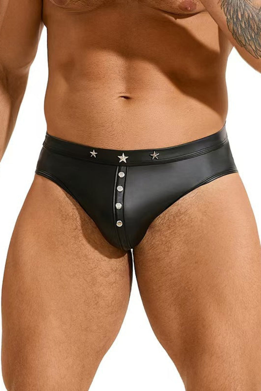 Black Men's Faux Leather G-String Thong with Wide Waistband