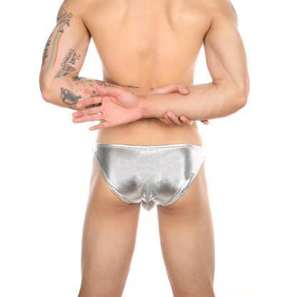 Silver Men's Faux Leather Low-Rise Briefs, U-Pouch Performance Underwear