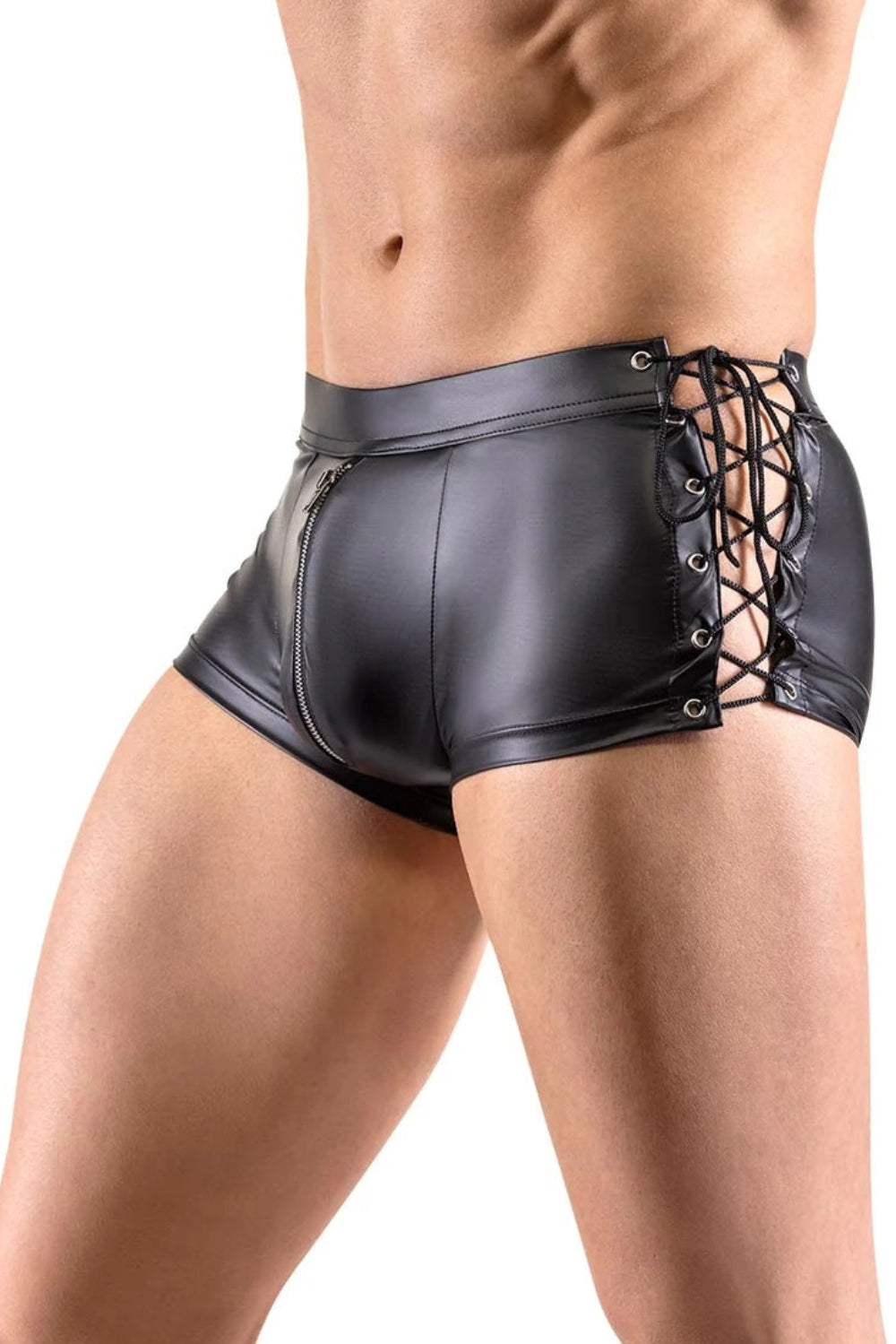 Black Men's Faux Leather Zippered Boxer Briefs, Lace-Up Sides