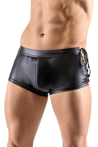 Black Men's Faux Leather Zippered Boxer Briefs, Lace-Up Sides