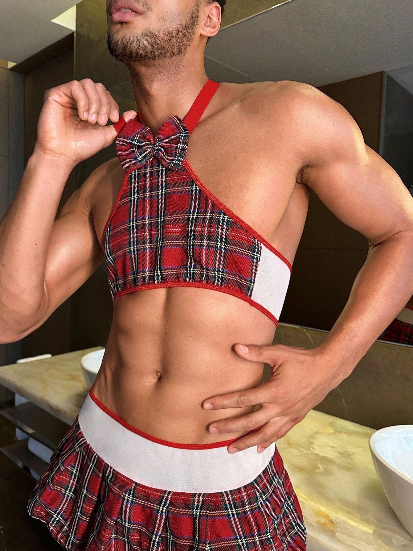 Red Men's JK School Uniform Lingerie Set, Red Plaid Halter Top with Pleated Mini Skirt
