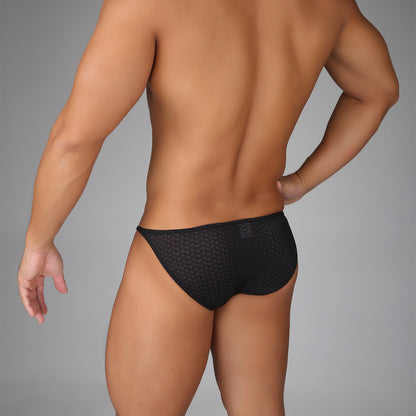 Black Men's Lace High-Cut Briefs, Breathable Watermark Pattern Underwear