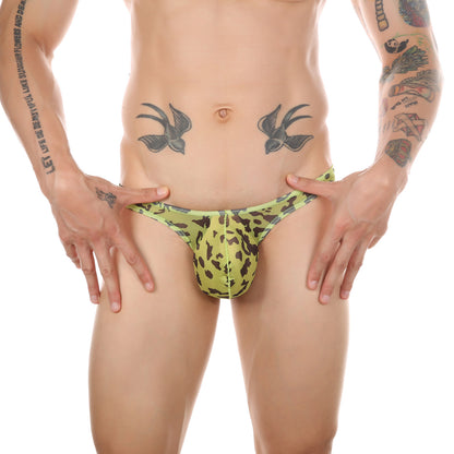 Green Black Men's Low-Rise Sheer Mesh Leopard Print Thong, Breathable Underwear