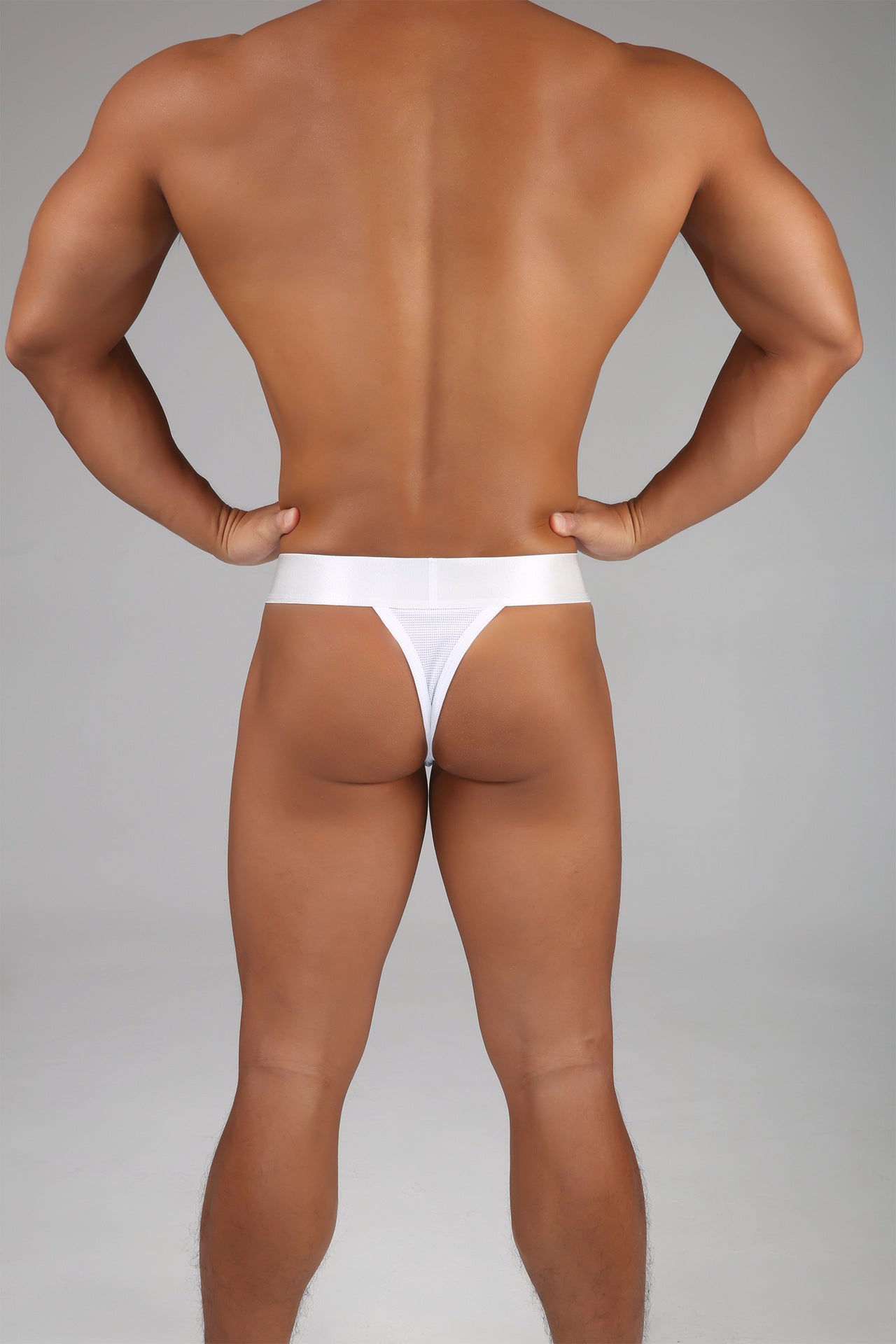 White Men's Mesh Thong with Wide Waistband, Breathable T-Back Underwear