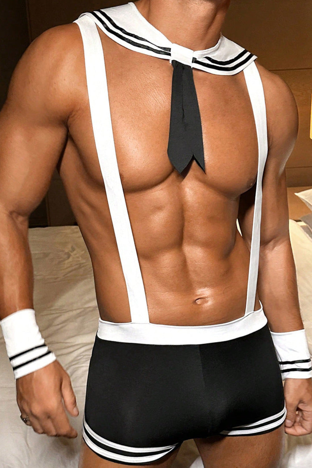 Black Men's Sailor Roleplay Lingerie Set, Black Suspender Shorts with Wrist Cuffs