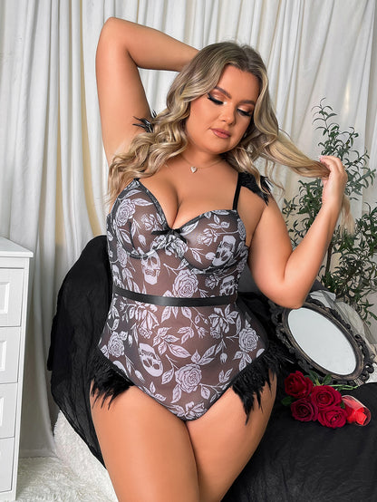 Black Plus Size Halloween Lingerie, Skull Rose Print Sheer Mesh Bodysuit for Curvy Women
