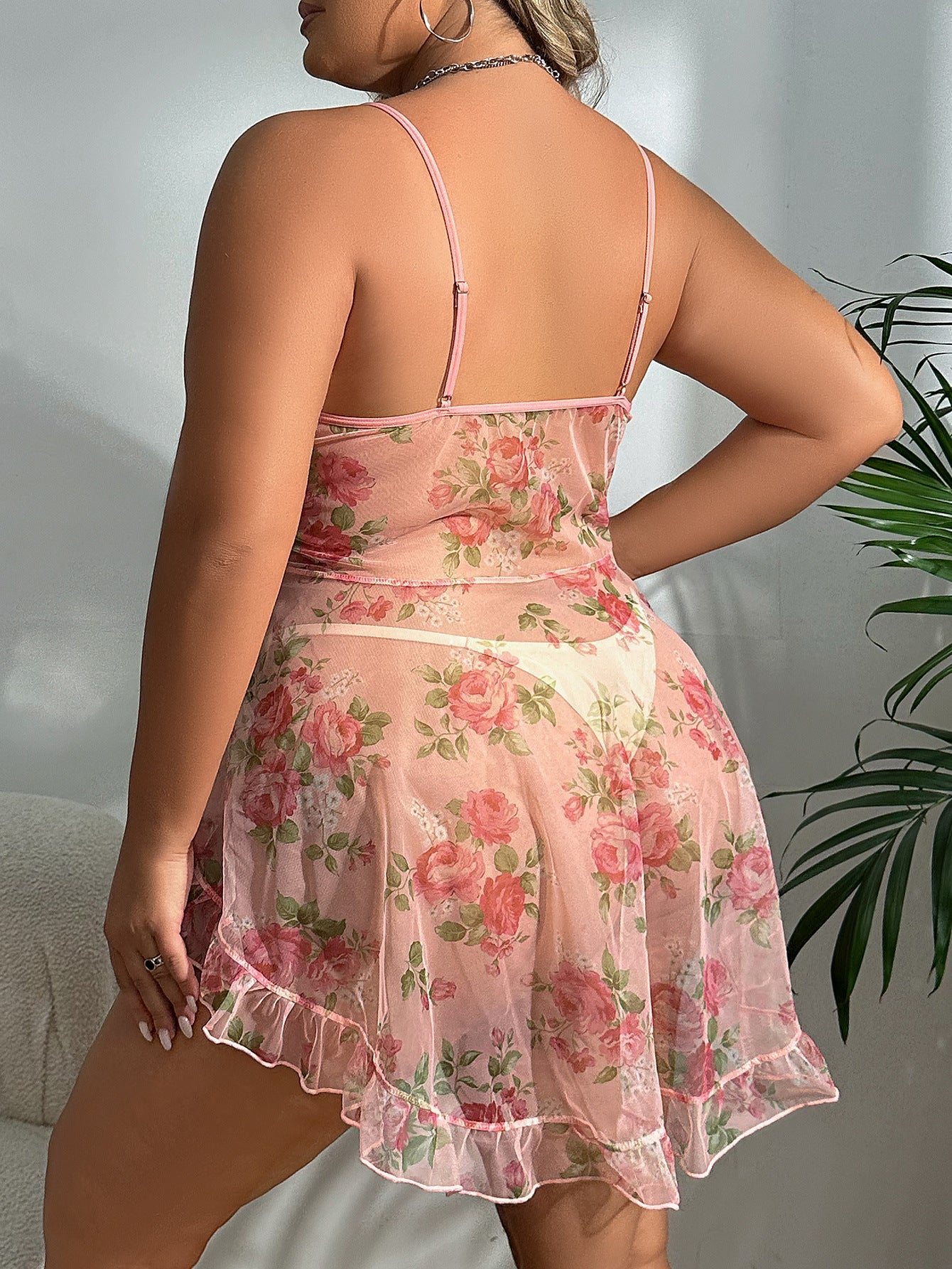 Pink Plus Size Sheer Mesh Lingerie Dress - Sweet Floral Print Babydoll
