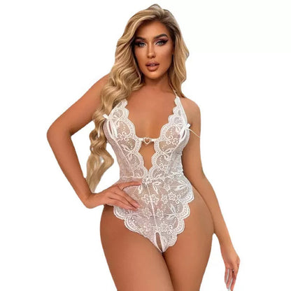 White Sexy Lace Bodysuit Lingerie, Deep V Halter Neck Sheer Teddy for Women