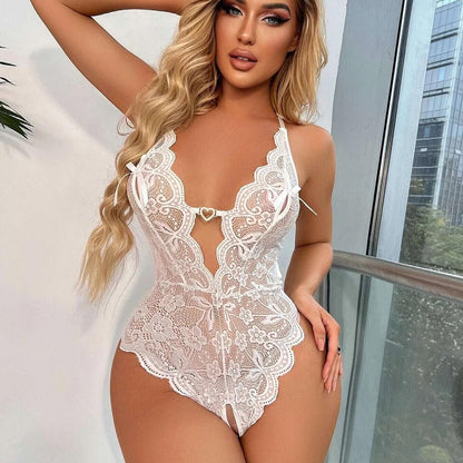 White Sexy Lace Bodysuit Lingerie, Deep V Halter Neck Sheer Teddy for Women