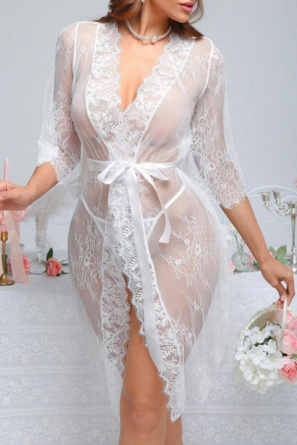 White Sheer Lace Babydoll Robe Set with Matching Panty