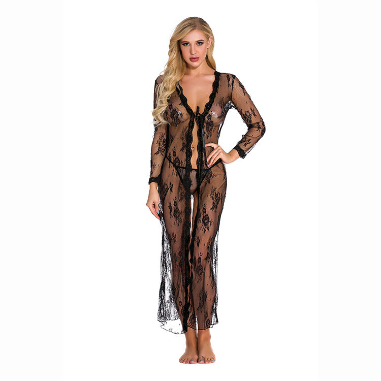 Black Sheer Lace Robe – Sexy Mesh Nightgown for Women