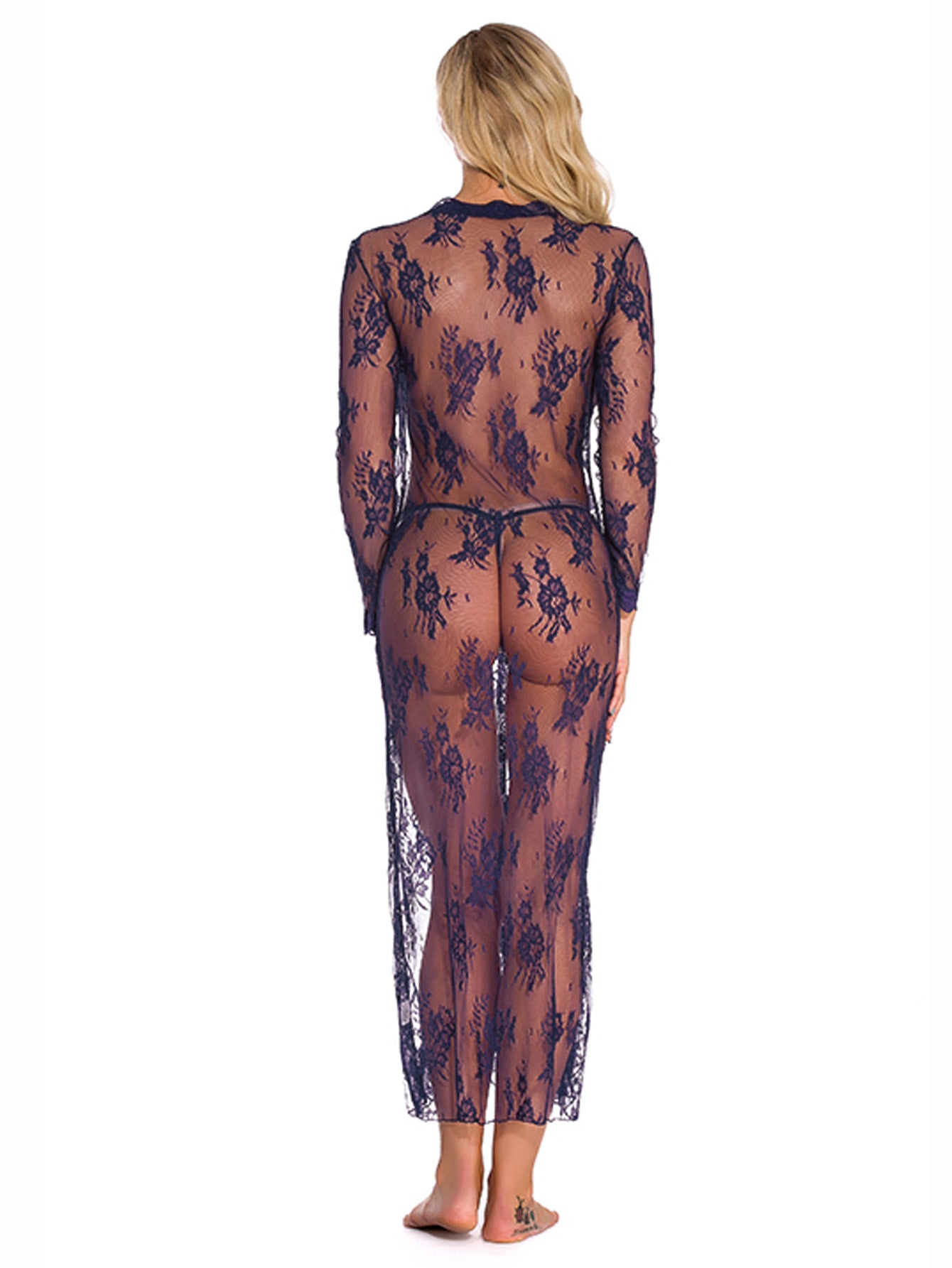 Purple Sheer Lace Robe – Sexy Mesh Nightgown for Women