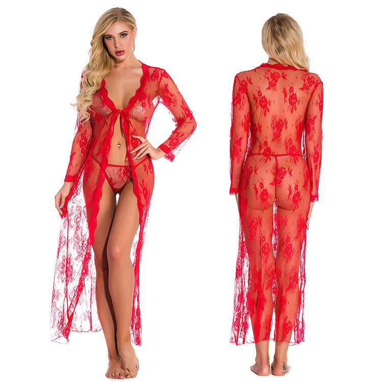 Red Sheer Lace Robe – Sexy Mesh Nightgown for Women