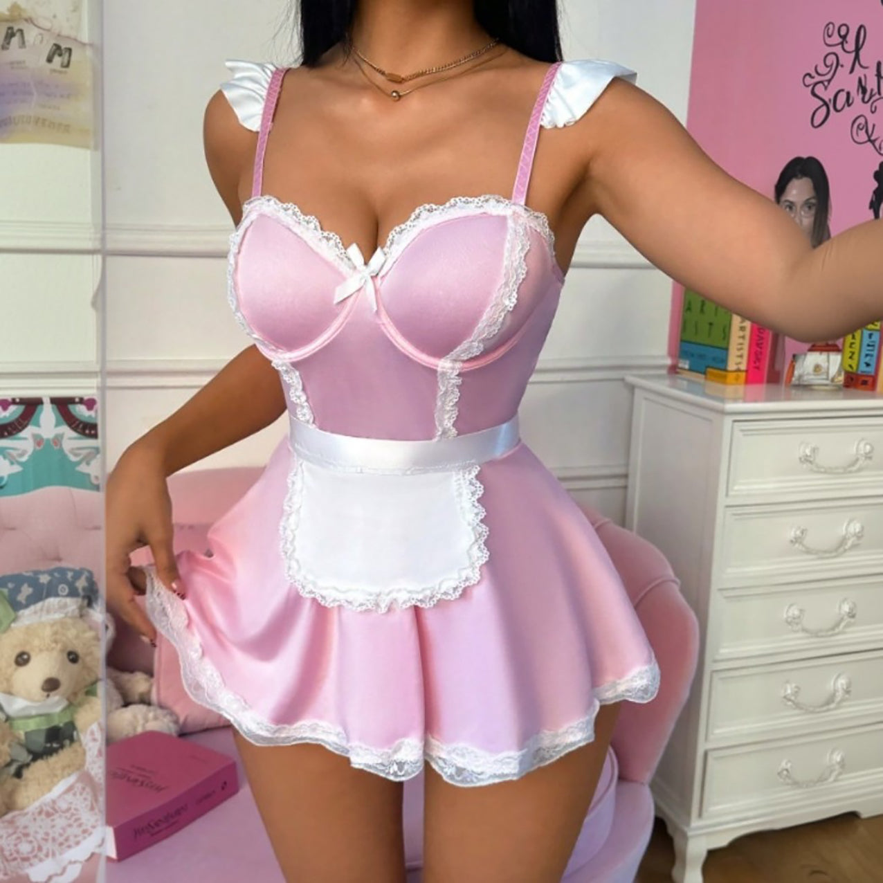 Pink Women's French Maid Lingerie Set, Seductive Apron Babydoll Dress with Panty, Cosplay Costume