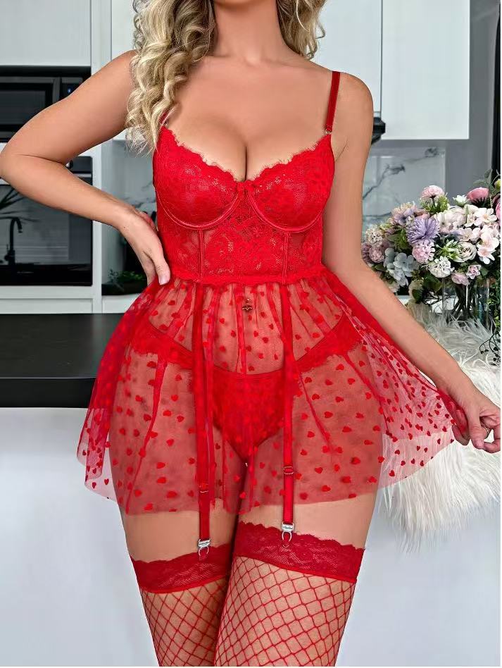 Red Women's Lace Babydoll Lingerie Set, Sheer Mesh Heart Print Garter Dress with G-String