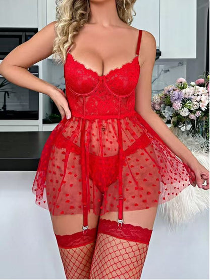 Red Women's Lace Babydoll Lingerie Set, Sheer Mesh Heart Print Garter Dress with G-String