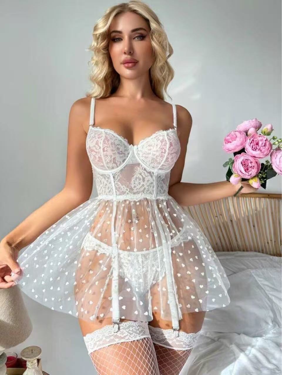 White Women's Lace Babydoll Lingerie Set, Sheer Mesh Heart Print Garter Dress with G-String