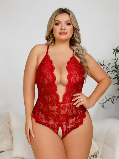 Red Women's Plus Size Lace Bodysuit, Sexy Sheer Lingerie Teddy