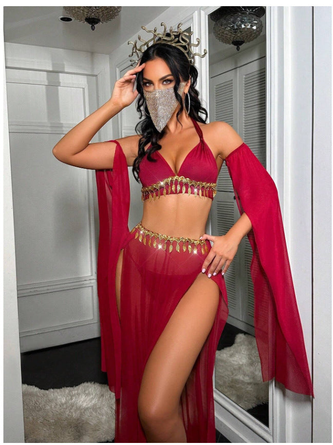 Red Women's Red Belly Dancer Cosplay Lingerie Set, Halter Bra & Sheer Maxi Skirt
