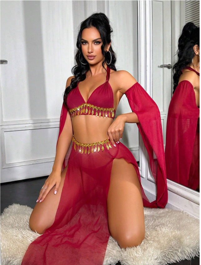 Red Women's Red Belly Dancer Cosplay Lingerie Set, Halter Bra & Sheer Maxi Skirt