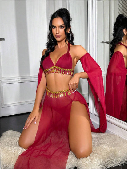 Red Women's Red Belly Dancer Cosplay Lingerie Set, Halter Bra & Sheer Maxi Skirt