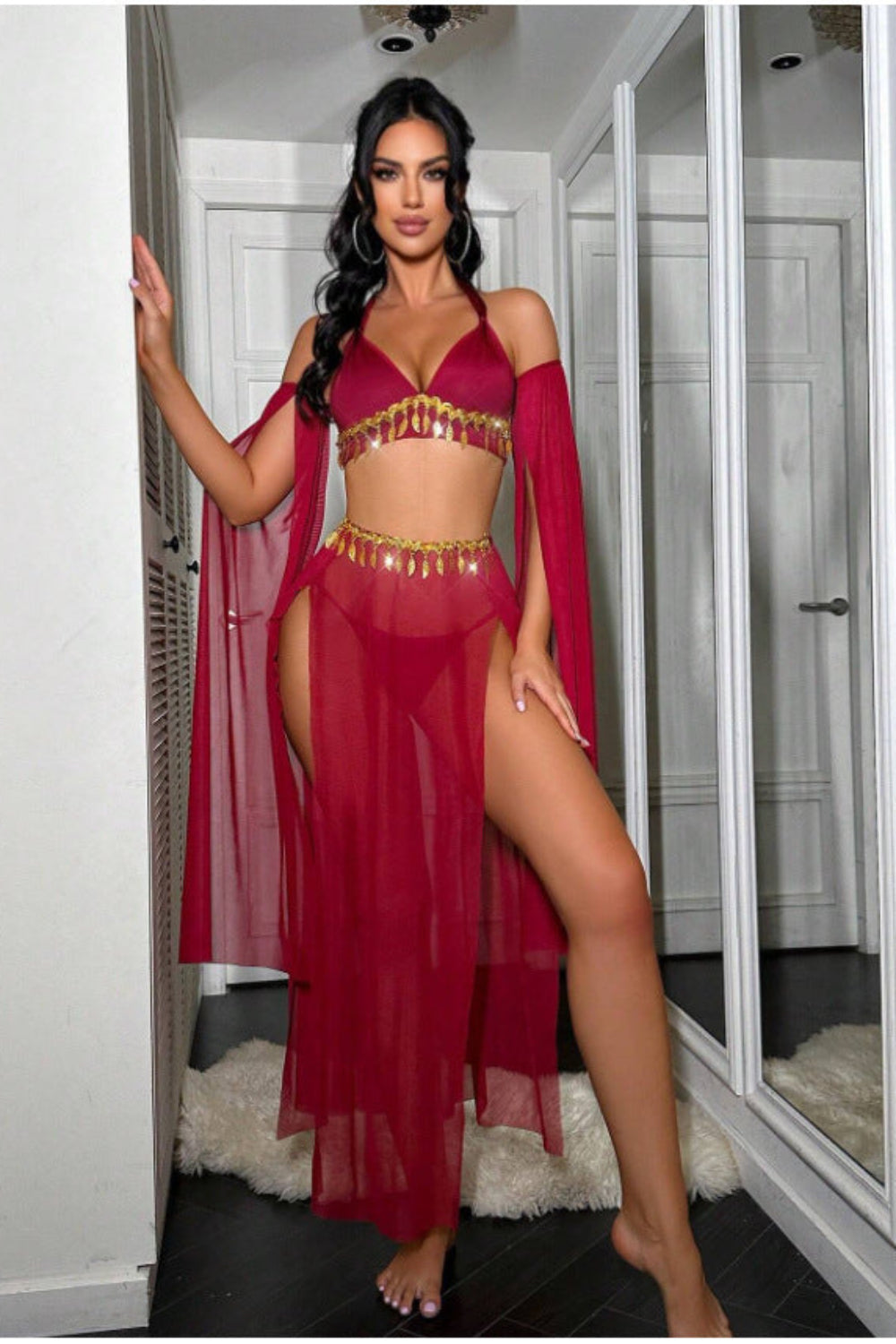 Red Women's Red Belly Dancer Cosplay Lingerie Set, Halter Bra & Sheer Maxi Skirt