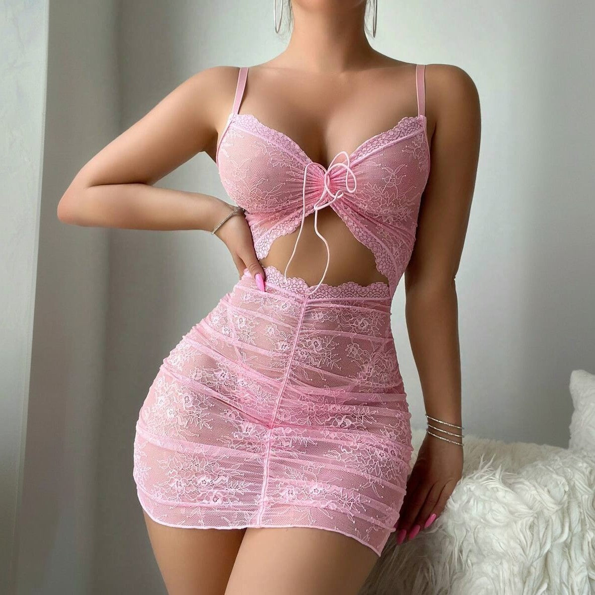 Pink Women's Sheer Lace Cutout Bodycon Lingerie Dress, Spaghetti Strap Mesh Nightgown with Matching Panty