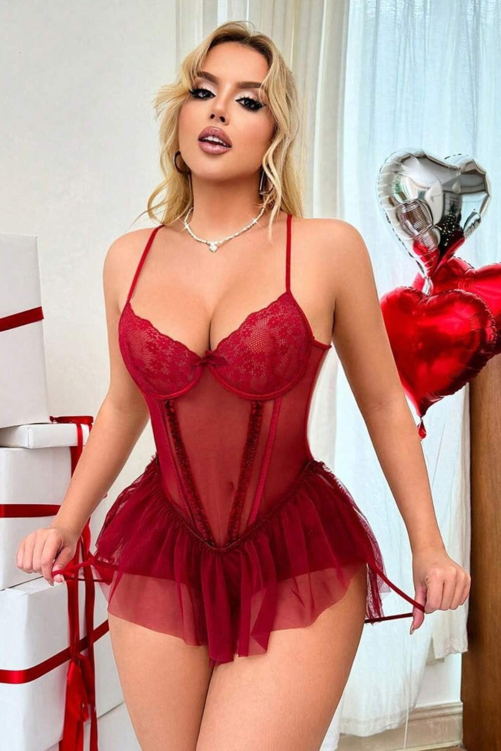 Red Women's Sheer Lace Mesh Bodysuit Lingerie, Underwire Corset Style Babydoll Nightwear