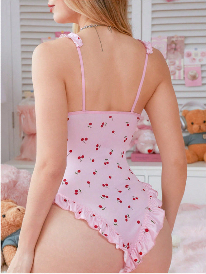 Pink Women's White Polka Dot Mesh Lingerie Set, Short-Sleeve Crop Top & Panty