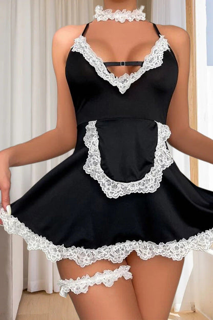 Women's black bunny maid lingerie set, sexy roleplay costume with garter detail