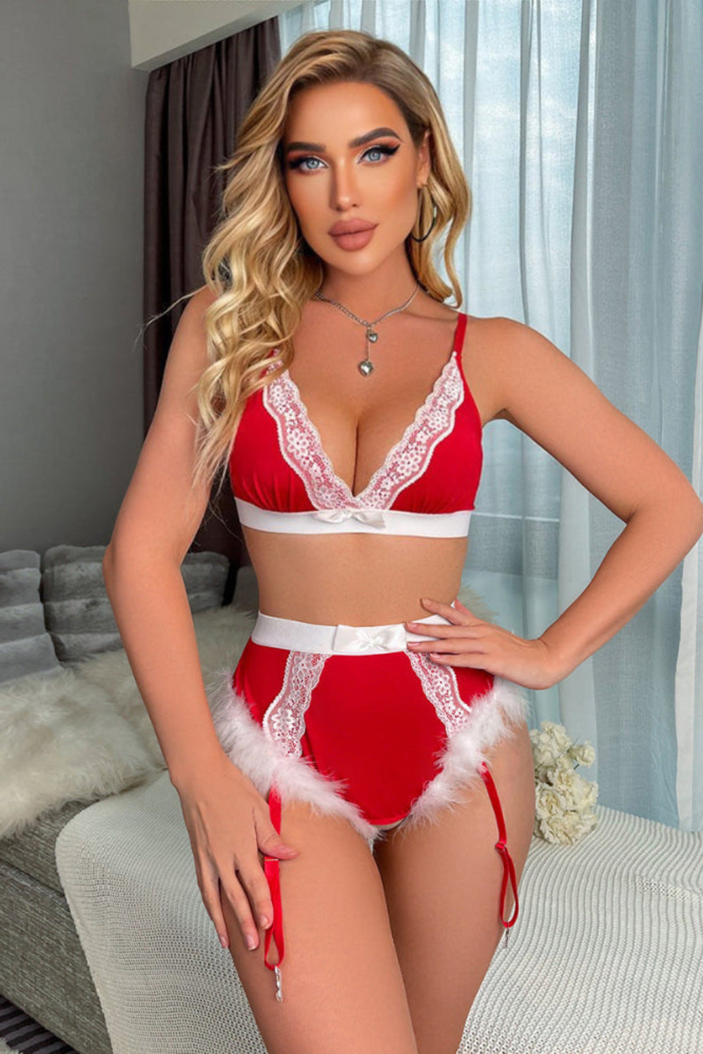 Women's red sexy Christmas lingerie set, lace trim faux fur garter brief roleplay outfit