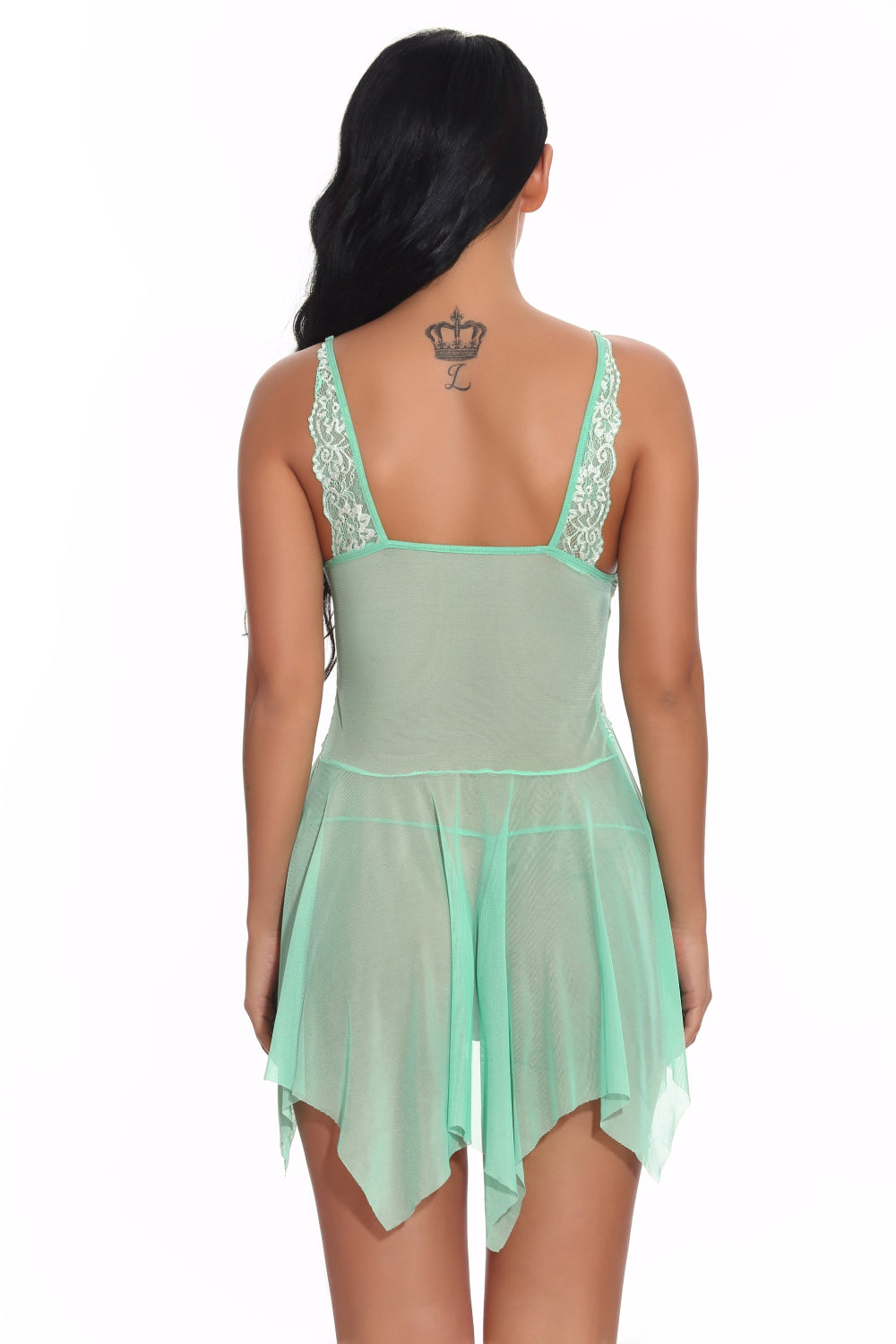 Women's green sheer lace babydoll nightgown, sexy mesh sleepwear lingerie for women