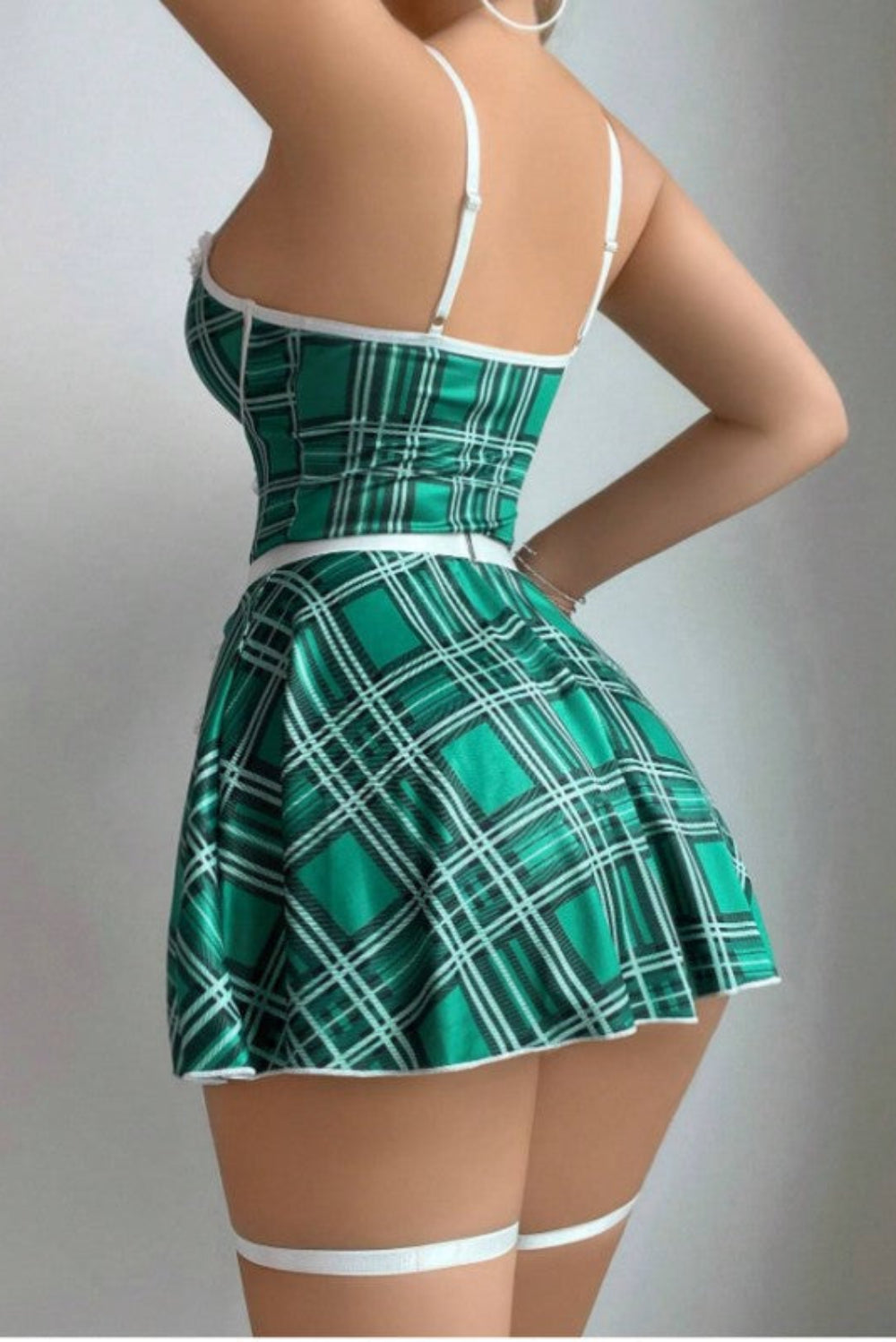 Women's green sexy maid lingerie set, green plaid lace babydoll cosplay costume with apron detail