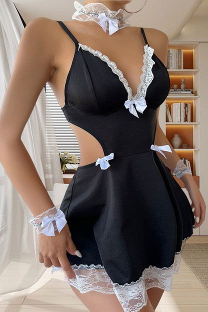 Women's black lace trim maid lingerie set, sexy roleplay costume with garter detail