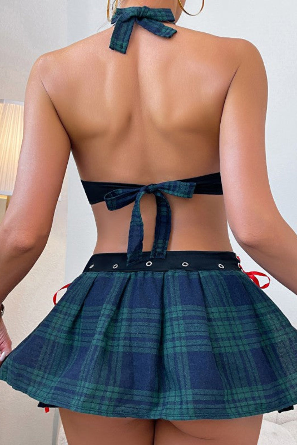Women's green plaid halter lingerie set, sexy school girl cosplay costume with bow detail
