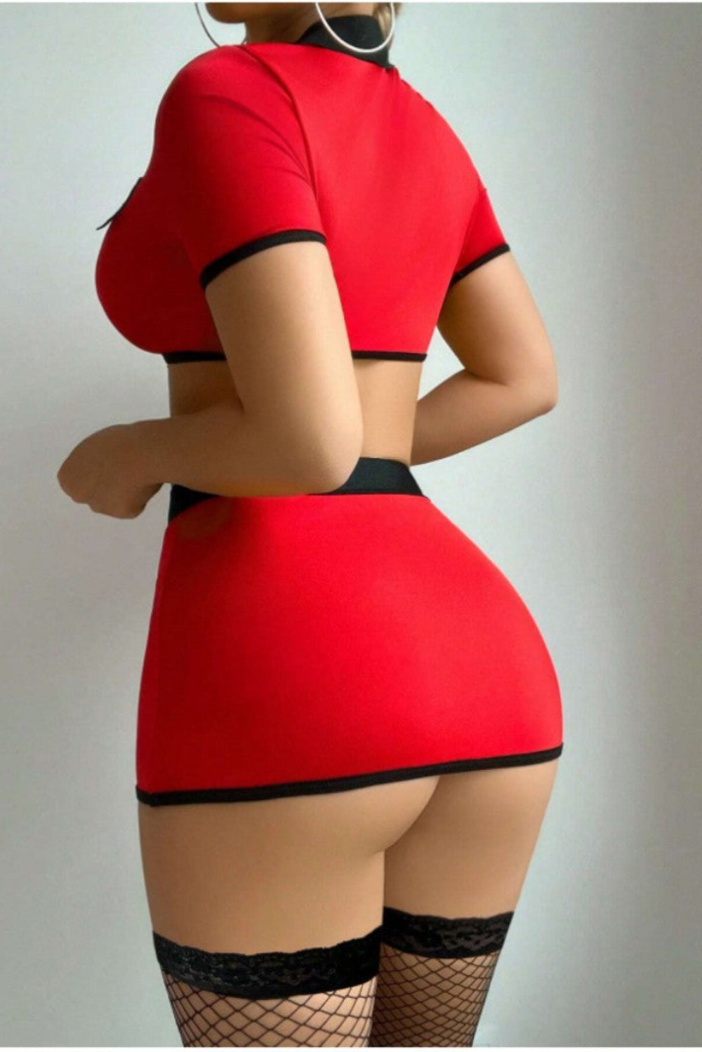 Women's red sexy police officer lingerie set, crop top & mini skirt with garter straps roleplay outfit