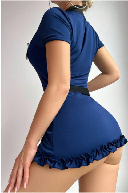 Women's blue sexy police officer lingerie set, zipper front ruffle hem mini dress roleplay outfit