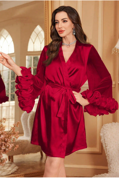 Women's red satin mesh ruffle sleeve robe set, cute girl style sheer sleeve sleepwear with belt